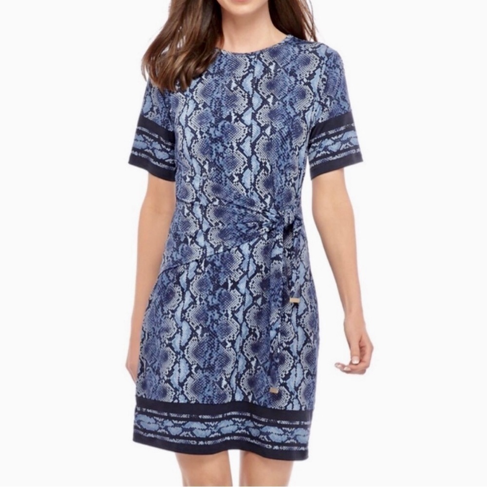 Michael Michael Kors Chambray Short Sleeve Blue Snake Print Faux Wrap dress. LG